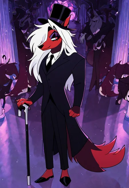masterpiece, best quality, newest, absurdres, highres, HB-Style-V1.0, official style,  1boy, HH-HBV1.0, furry male, goth, goth boy, top hat, monoclke, gentelman, walking cane, coat, suit, official attire, makeup, red fur, white hair, long hair, eyehsadow, classy, elegant, male focus, solo, solo focus