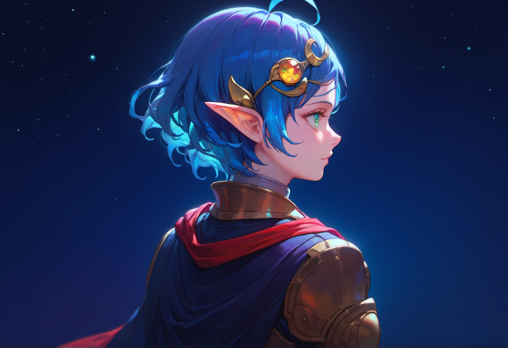score_9, score_8_up, score_7_up, score_6_up,
star ocean, 1girl, rena lanford, ahoge, armor, [blue:opal:0.5] eyes, blue hair, cape, hair ornament, pleated skirt, pointy ears, short hair, beautiful detailed eyes,
from behind, upper body, (close-up:1.2), space, star \(sky\), spiral galaxy, portrait, official wallpaper, backlighting,
 <lora:yukihiro_kajimoto_so2r_pony:0.8>
<lora:IOS_Iridescent_opal_style:0.8>