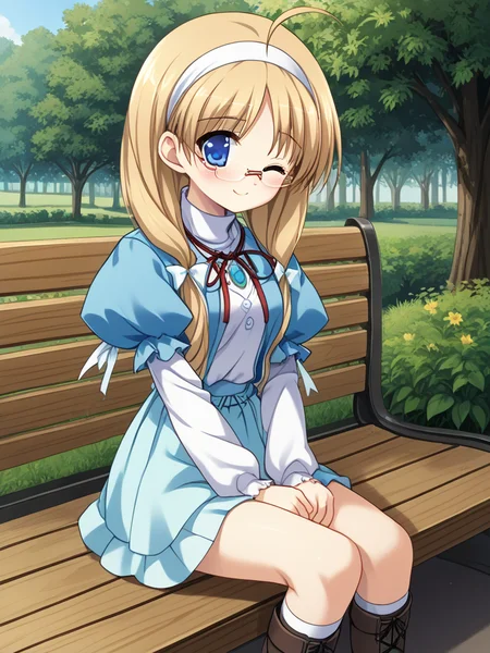 1girl, solo, yukiponeleeyes, blonde hair, long hair, low twintails, low-tied long hair, hair ribbon, ahoge, blue eyes, glasses, rimless eyewear, white hairband, white shirt, white long sleeves, turtleneck, neck ribbon, pendant, blue sleeveless jacket, blue juliet sleeves, puffy short sleeves, aqua skirt, knee boots, over-kneehighs, outdoors, park, bench, sitting, blush, smile, wink,
