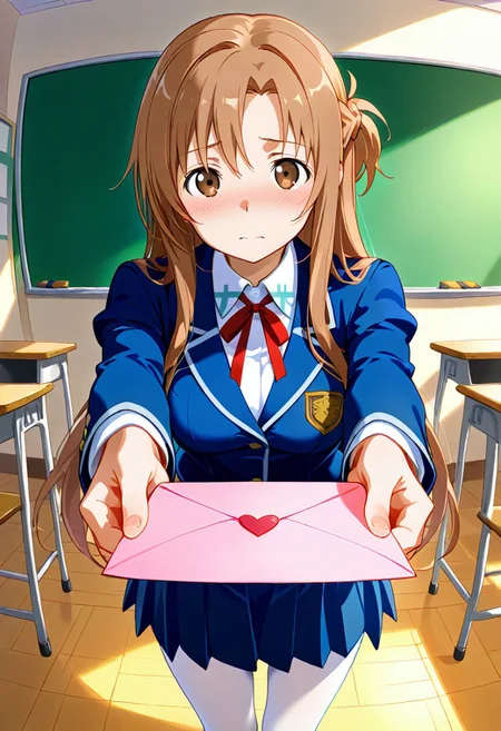 Expressiveh, score_9, score_8_up, score_7_up, score_6_up, score_5_up, score_4_up, godrays, solo, 1 girl, caaasuna, long hair, brown hair, braid, brown eyes, medium breasts, school uniform, neck ribbon, collared shirt, blue jacket, long sleeves, blue skirt, white pantyhose, love letter, heart, valentine, letter, confession, incoming gift, outstretched arms, classroom, living room, detailed background, perfect eyes, fFaceDetail,