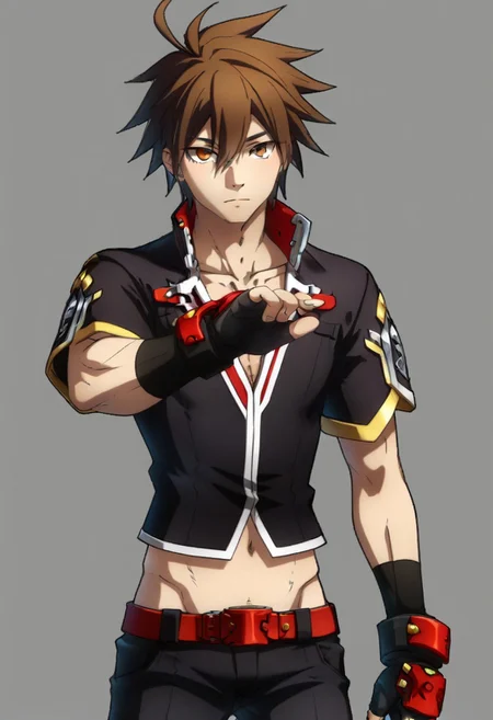 ((masterpiece)), ((best quality)), ((ultra-detailed)), ((absurdres)), score_9_up, score_8_up, score_7_up,
HD, top quality, best quality, amazing quality, High-quality illustrations, anime screencap, source_anime, best aesthetic, perfect proportions, perfect eyes, 1boy, 1male, solo boy, solo male, male focus, solo male focus, Anime, boy, male anime character, anime boy, handsome, attractive, cute, charming, sexy, hot, ((tall, tall body, tall height)), ((slim body, slender body, thin body)), updn, easynegative, neghands, Expressiveh, Naoto Kurogane, brown hair, spiky hair, ahoge hair, light brown eyes, black shirt, low neckline, short sleeves, midriff peek, long arm glove, fingerless glove, red belt, black pants