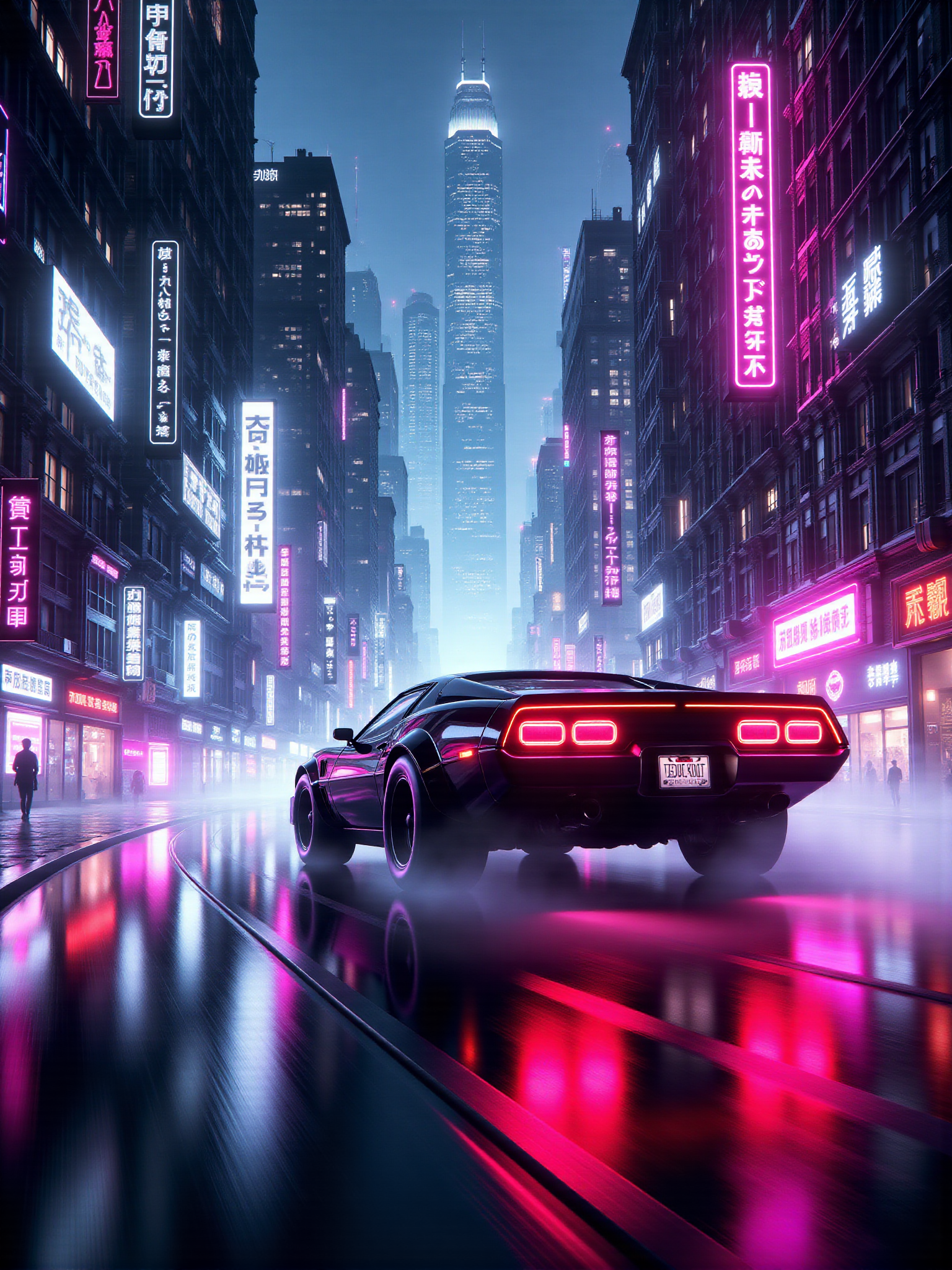 car racing through futuristic cyberpunk city towards the viewer,  from the fronemad-neon-noir  <lora:Neon_Noir_FLUX:0.7>