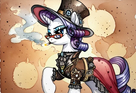score_9, score_8_up, score_7_up, score_6_up, score_5_up, score_4_up, rating_safe, rarity, female, mare, pony, solo, unicorn, cigarette, cigarette holder, clothes, dress, g4, glasses, hat, photoshop, raised hoof, smoking, steampunk, abstract background, watercolor painting, traditional art, detailed, beautiful, <lora:MLP_Watercolor_Painting_v1-000006:1>