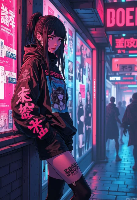 cyberpunk anime style, sci-fi female goth girl in hoodie with anime print design, short skirt, thigh-high stockings, leaning against a wall on a cyberpunk street, with neon signs and large adverts featuring supermodels, red and blue colour theme