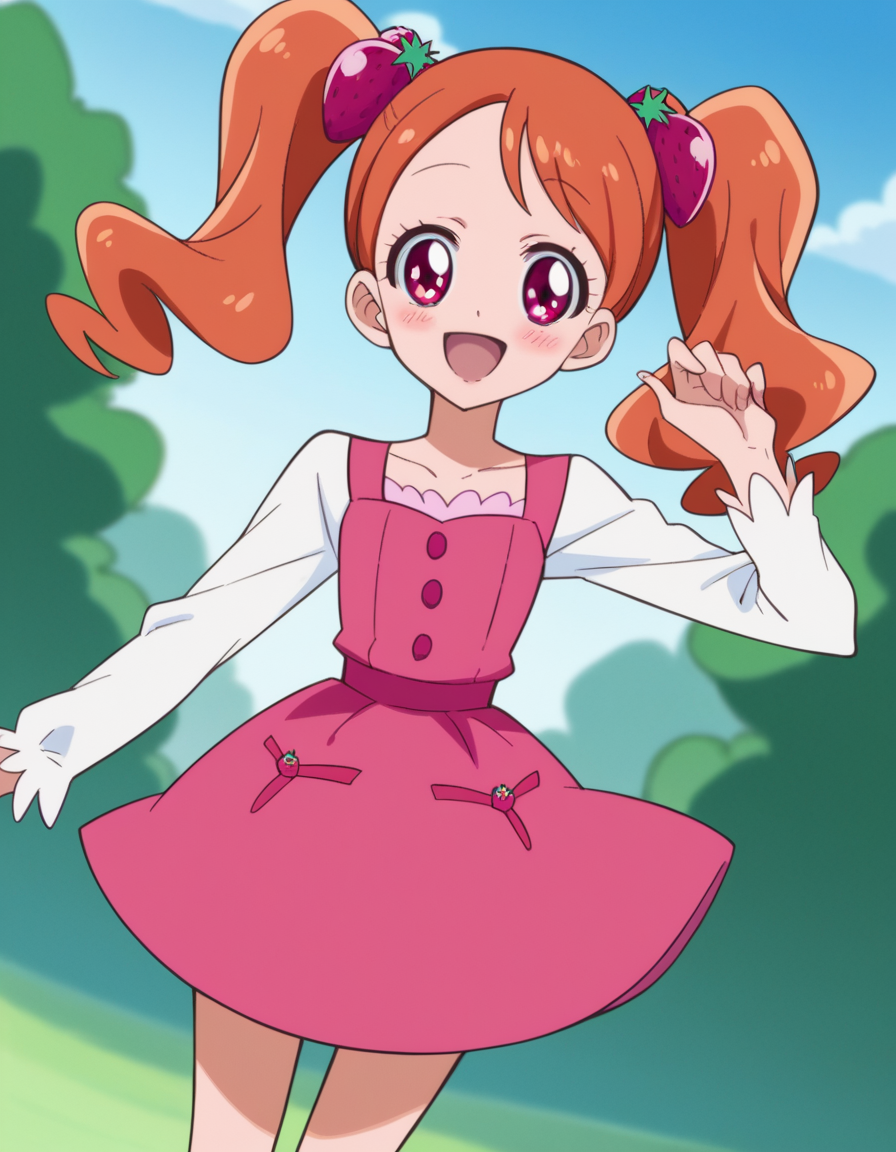 score_9, score_8_up, score_7_up, source_anime,
<lora:ichika-usami-anime-ponyxl-lora-nochekaiser:1>, ichika usami, hair ornament, twintails, pink eyes,
orange hair, long sleeves, dress, pink dress, food-themed hair ornament, strawberry hair ornament,
outdoors, smile, blush, open mouth,
looking at viewer, cowboy shot, dutch angle, solo,