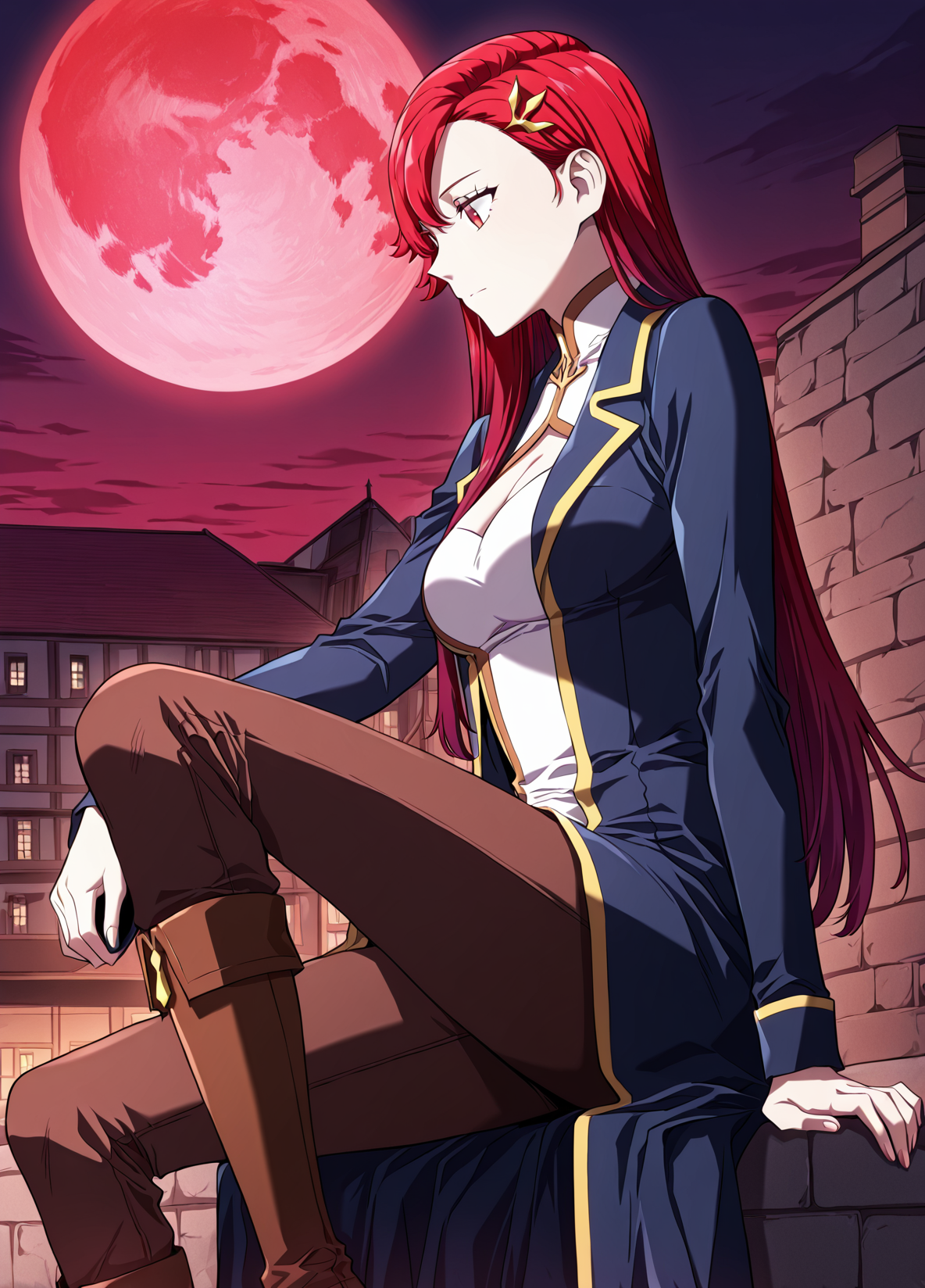 <lora:Camus Morgue _ Revenge of the Iron-Blooded Sword Hound _ Illustrious_epoch_7:1>
Camus_Morgue_mage, 1 girl, solo, red eyes, fair skin, long red hair, side-swept bangs, straight hair, purple gradient tips, medium breasts,
navy blue long coat with gold trim, white top with chest cutout, brown fitted pants, brown boots, gold hair ornament
score_9, score_8_up, score_7_up, score_6_up, source_anime, masterpiece, best quality, absurdres, highres, newest, anime coloring <break>  1girl, solo, sitting, on wall, from side, town, night, red moon