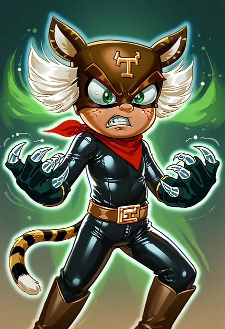 score_9, score_8_up, score_7_up, CuteCartoonStyle, 1boy, solo, male focus, El_Tigre, Mask, Green Eyes, white sideburns, Freckles, Cat Ears, Black Bodysuit, belt buckle, brown boots, Red Bandana around neck, black Gloves, tail, claws, green aura, angry,