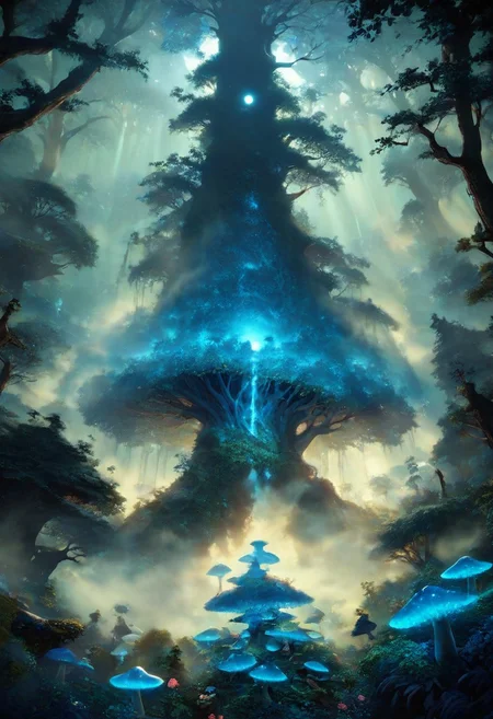 score_9,score_8_up,score_7_up,score_6_up,source_anime,high resolution,4K,8K,masterpiece,best quality,detailed,game cg,
BREAK no humans,no creature,
scenery,night,
dark dense forest,
thick fog that makes it impossible to see the sky,
a blue moon visible through the mist,
fallen giant tree,
cluster of glowing blue mushrooms,
lots of mushrooms,
floating shining water sphere,
spherical glowing fairies,