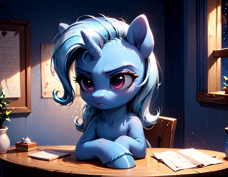 score_9_up, score_8_up, score_7_up, source_pony, mlp, upper body, 1girl, female pony, Trixie, cute, sitting at a desk, bored, night, soft lighting, sfw, detailed, highres, masterpiece, <lora:pony\Smooth_Mix:1.0> <lora:sdxl\character\princess_xl_v2:0.80> <lora:pony\detail\sinfully_stylish_PONY_0.2:0.5>