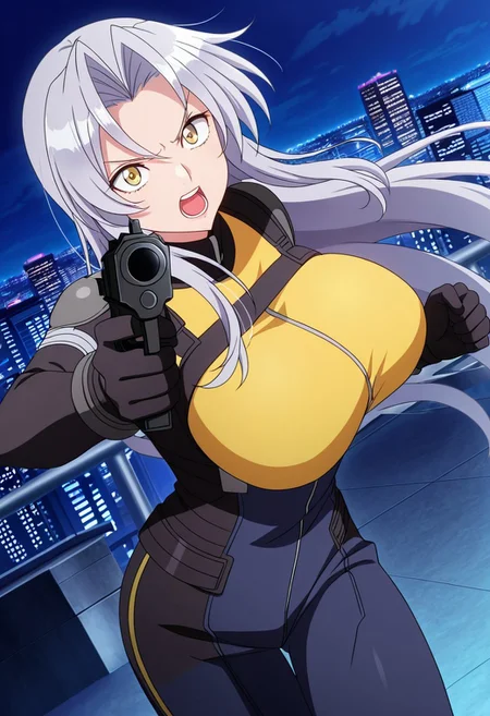 general,highres, ultra-detailed,very aesthetic,best quality ,best hands,best eyes,easynegative,
dynamic anglre, dutch angle, anime cloring,anime screencap,
1girl solo,looking at viewer,city,night, open mouth, holding gun, fighting,
Mikoto Kiba,grey hair, long_hair, yellow eyes, huge_breasts,open chest rider suit,