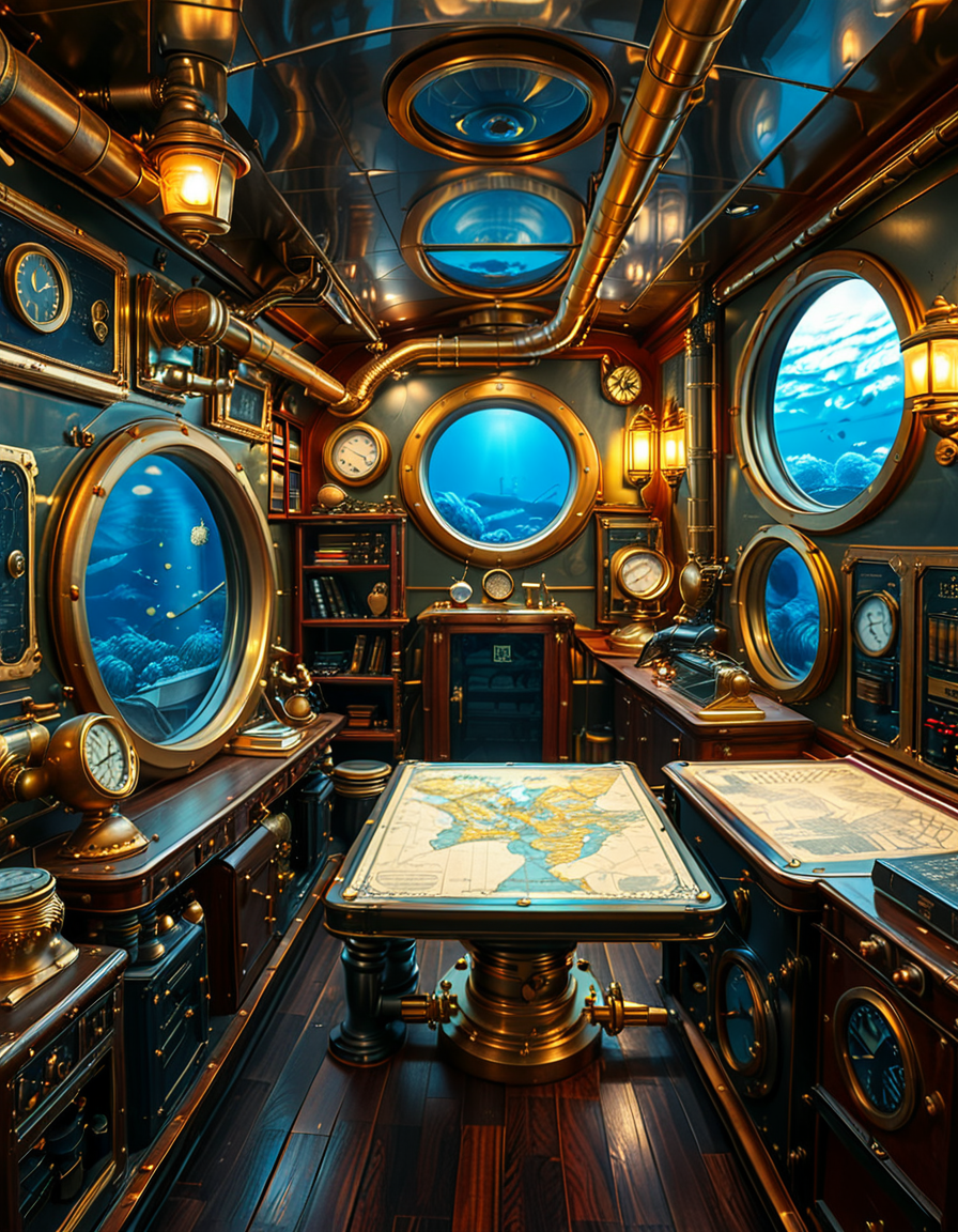A stunning and intricate view of the interior of the Nautilus submarine, inspired by Jules Verneâs steampunk aesthetic. The room is a mix of Victorian elegance and advanced 19th-century marine engineering. The walls are lined with riveted brass and copper pipes, with intricate pressure gauges and mechanical levers. A massive, round glass porthole offers a breathtaking underwater view of deep-sea creatures swimming in the dark abyss. The warm glow of antique oil lamps and gaslights illuminates the space, casting soft golden reflections on the polished mahogany furniture and ornate brass railings. A large wooden desk is covered with old nautical charts, compasses, and a logbook filled with Captain Nemoâs notes. In the background, a library with leather-bound books and scientific instruments is neatly arranged on wooden shelves, emphasizing the scholarly and adventurous nature of the vessel. The ambiance is a perfect fusion of mystery, science fiction, and vintage maritime beauty, evoking a sense of wonder and deep-sea exploration.<lora:SDXLFaeTastic2400:0.4> <lora:extremely_detailed:0.4> extremely detailed, <lora:Nautilus_subm4r1n3:1>,Nautilus subm4r1n3, Masterpiece,best quality,hi res,8k,hi res,8k,award winning,(sharp focus, intricate, highly detailed),