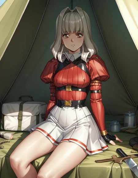 score_9,  score_8_up, score_7_up
<lora:charlone-growlanser-ponyxl-000020:1> charlone claudius, red sleeves, red shirt, juliet sleeves, microskirt, white skirt, fingerless gloves,
1girl, solo, looking at viewer, tent, sitting, inside tent, forest outside