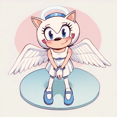 score_9, score_8_up, score_7_up BREAK Angelchu, 1girl, angel hedgehog, light blue eyes, white body, pink heart blush, angel wings, gold angel halo, light blue mary jane shoes, smiling at viewer, heaven background, heaven, full body,