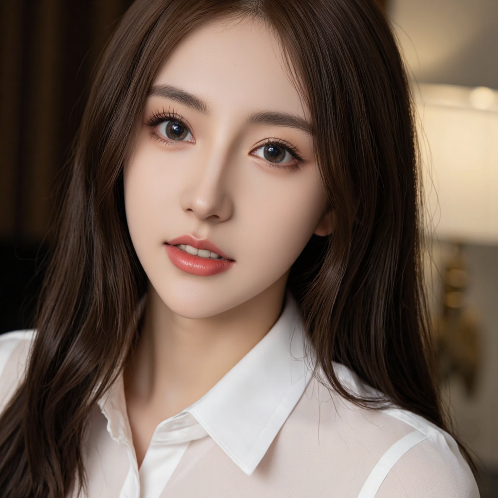 llz,a close up of a woman with long hair wearing a shirt,seductive_smile,