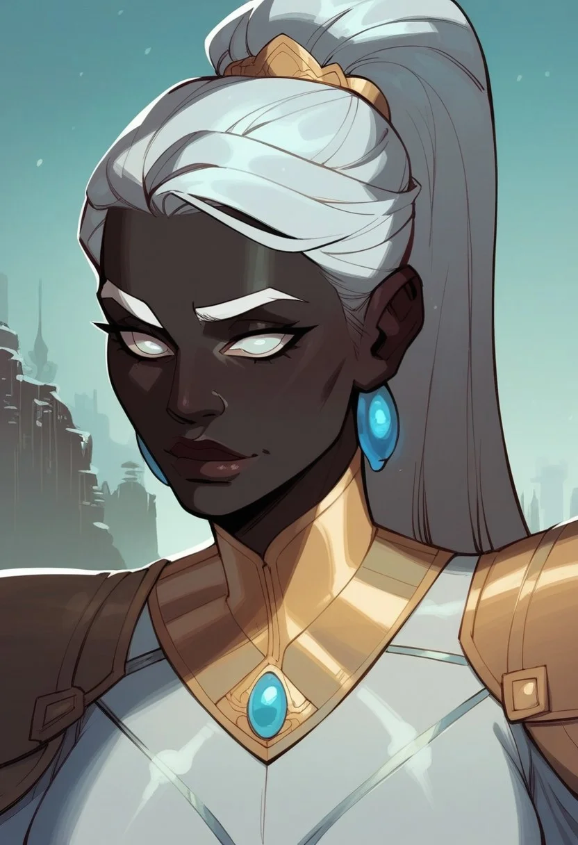 score_9, score_8_up, score_8, score_7_up, score_7, score_6_up, score_6, score_5_up, Score_5,human female, obsidian black skin, onyx black skin, round eyes, white eyes, small eyes, beautiful face, aesthetic face, narrow face, narrow nose, long nose, round ears, white eyebrows, long white hair, high ponytail, very tall, curvy, elegant, royal, aristocratic, majestic, chin up, seductive smile, slender. Silver jewelries. White jewelries. Blue jewelries. Lots of jewelries. White bracers, tight white dress,, vox machine style, 1girl, female focus, solo, portrait, background of snow-covered landscape, fantasy, (dynamic lighting:1.1)
((masterpiece))
