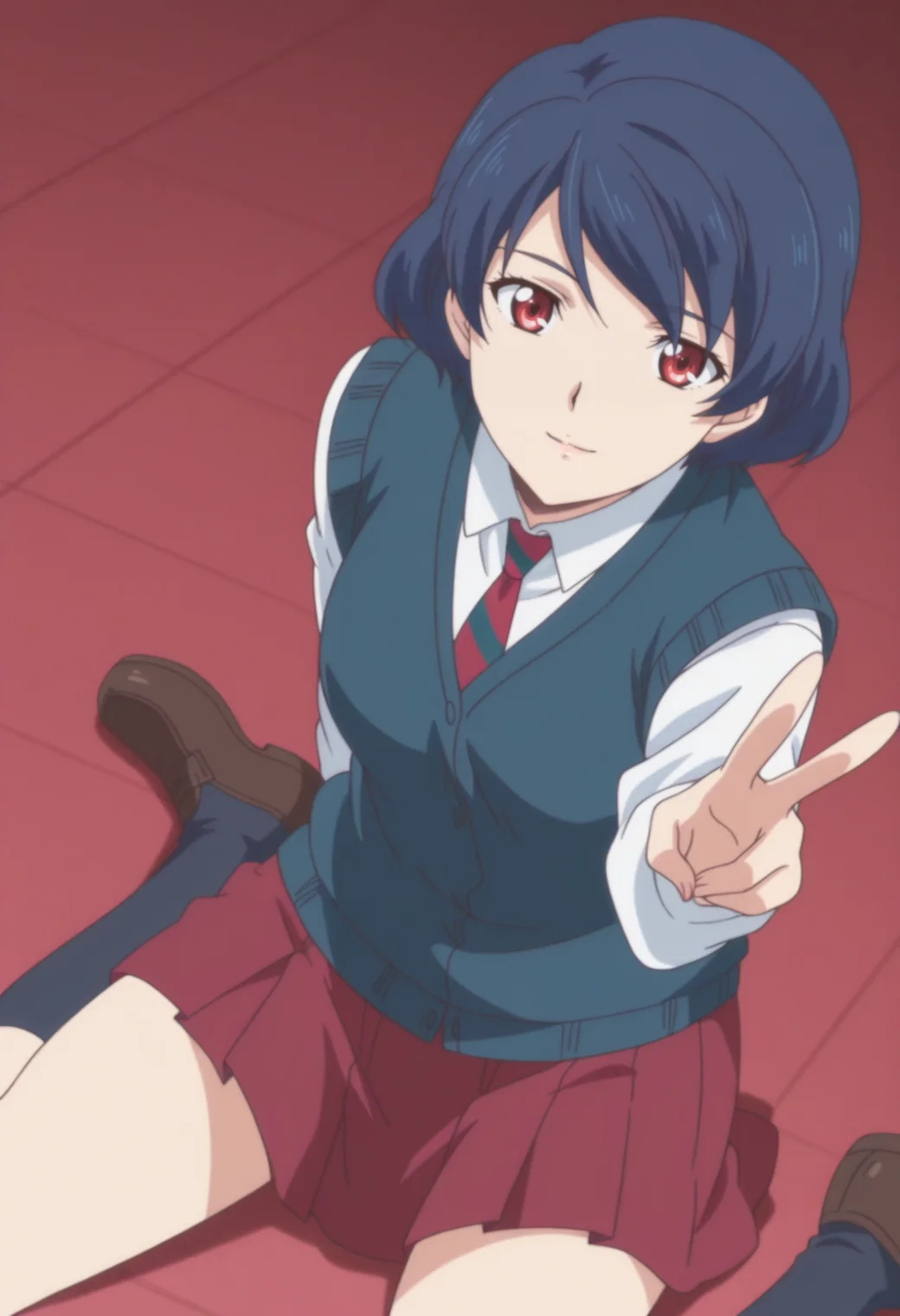anime screencap, anime coloring, 1girl, solo, <lora:DX888Tachibana:1> tachibana rui, red eyes, blue hair, short hair, school uniform, white shirt, sweater vest, white shirt, striped necktie, red skirt, BREAKbrown background, grid background, BREAK dutch angle, from above, dynamic pose, posing, , light smile, wariza, v,