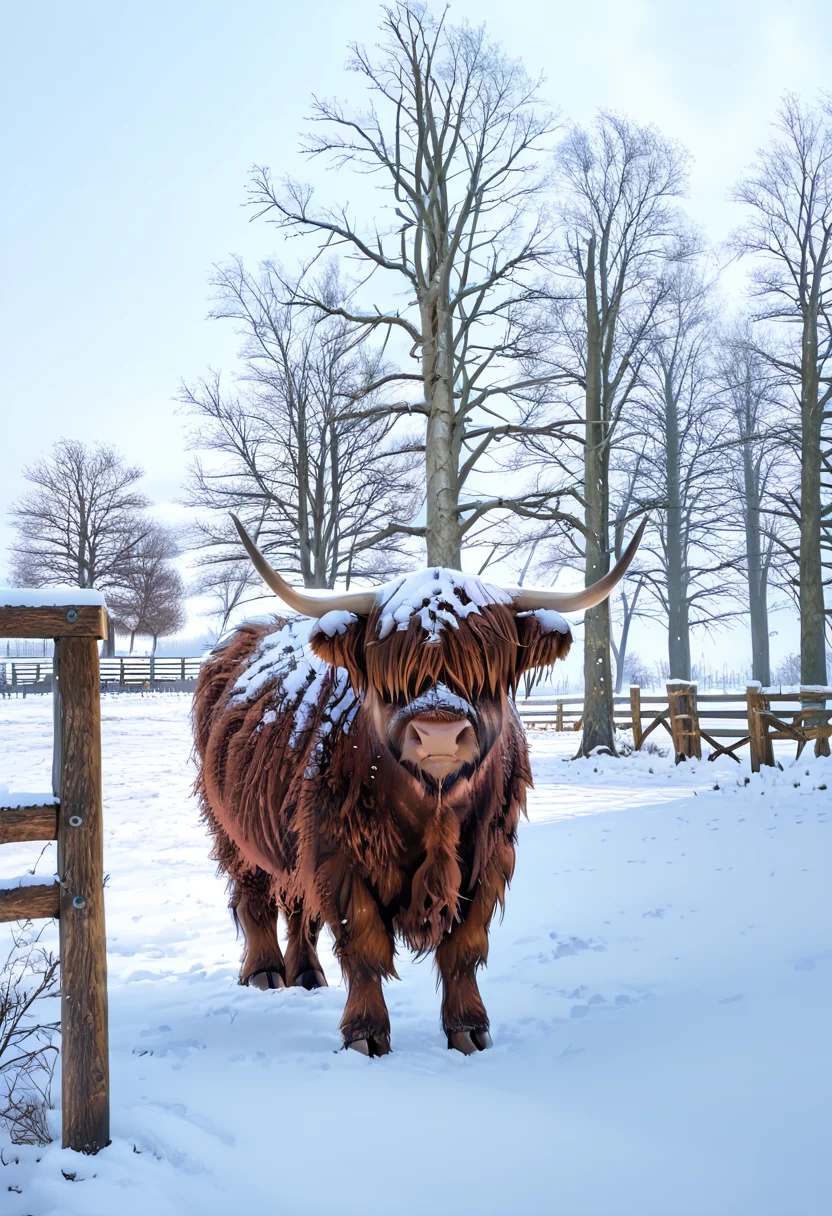 masterpiece, best quality, zzCow, outdoors, day, tree, nature, scenery, snow, fence, winter, bare tree, year of the ox, tusks, hair over eyes, ,<lora:HighlandCow_IXL:1.0>,