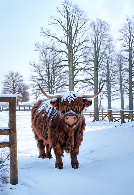 masterpiece, best quality, zzCow, outdoors, day, tree, nature, scenery, snow, fence, winter, bare tree, year of the ox, tusks, hair over eyes, ,<lora:HighlandCow_IXL:1.0>,