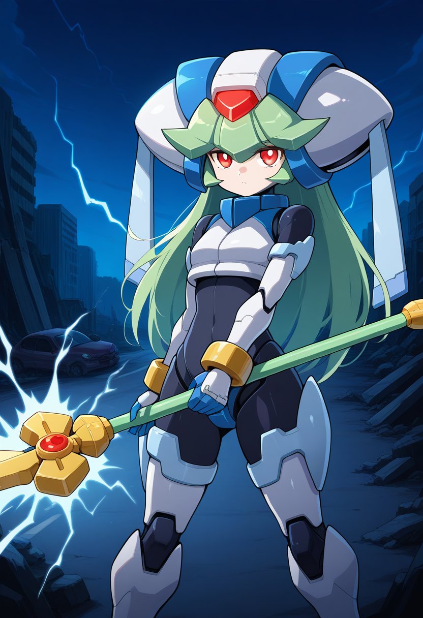 1girl, solo, pandorazxa, transformedform, android, green hair, long hair, red eyes, helmet, crop top, bodysuit, armor, armored gloves, armored boots, bracelet, anklet, holding staff, outdoors, highway, wreckage, ruins, night, serious, cowboy shot, dynamic pose, electricity, thunder, magic, fighting stance,