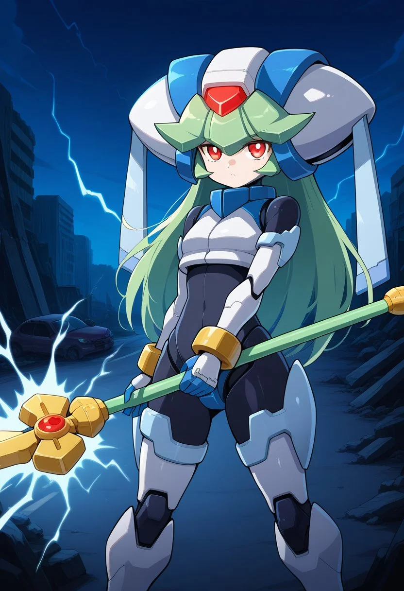1girl, solo, pandorazxa, transformedform, android, green hair, long hair, red eyes, helmet, crop top, bodysuit, armor, armored gloves, armored boots, bracelet, anklet, holding staff, outdoors, highway, wreckage, ruins, night, serious, cowboy shot, dynamic pose, electricity, thunder, magic, fighting stance,