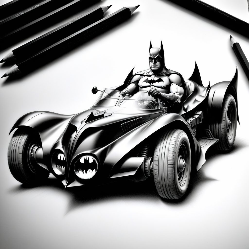 a batman in his batmobil made out of Jed-Pen  ,    <lora:PencilDrawingStyle:0.7>