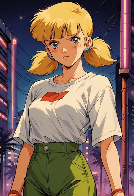 score_9, score_8_up, score_7_up, score_6_up, score_5_up, score_4_up, source_manga, rating_questionable, 1girl, penny \(inspector gadget\), human, cyberpunk, punk, breasts, undercut, blonde hair, pigtails, blue eyes,
shirt, stripe, green pants, cowboy shot, night, neon, vaporwave, retro artstyle, tv still, halftone effect