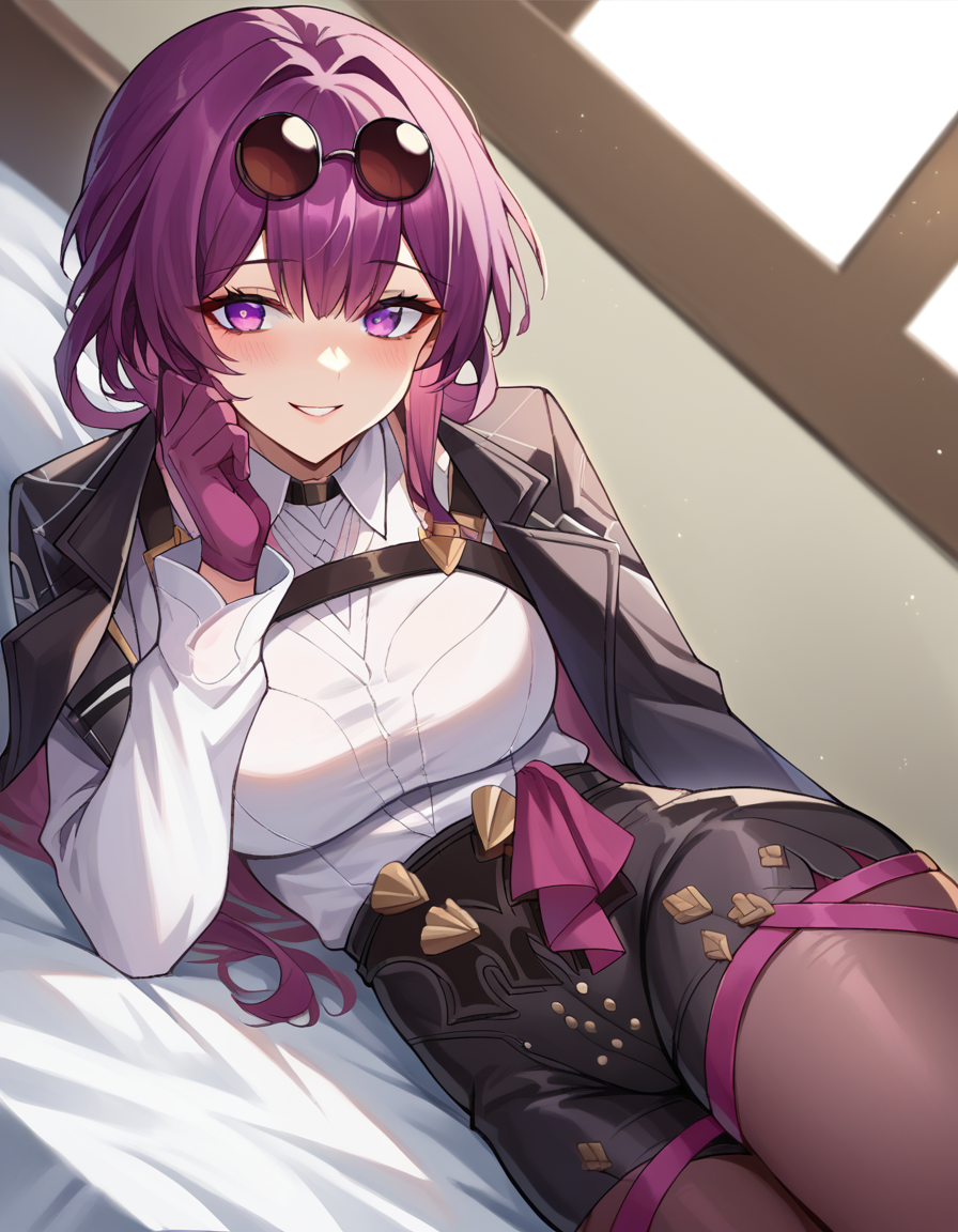 score_9, score_8_up, score_7_up, source_anime,
honkaikafka, <lora:honkai-kafka-ponyxl-lora-nochekaiser:1>,
kafka, eyewear on head, round eyewear, purple eyes, purple hair, long hair, smile,
black jacket, gloves, high-waist shorts, jacket, pantyhose, pantyhose under shorts, shirt, shorts, white shirt
indoors, bed, bed room, on side, blush, drunk,
looking at viewer, dutch angle, cowboy shot,