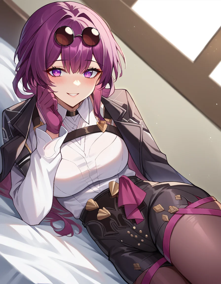 score_9, score_8_up, score_7_up, source_anime,
honkaikafka, <lora:honkai-kafka-ponyxl-lora-nochekaiser:1>,
kafka, eyewear on head, round eyewear, purple eyes, purple hair, long hair, smile,
black jacket, gloves, high-waist shorts, jacket, pantyhose, pantyhose under shorts, shirt, shorts, white shirt
indoors, bed, bed room, on side, blush, drunk,
looking at viewer, dutch angle, cowboy shot,
