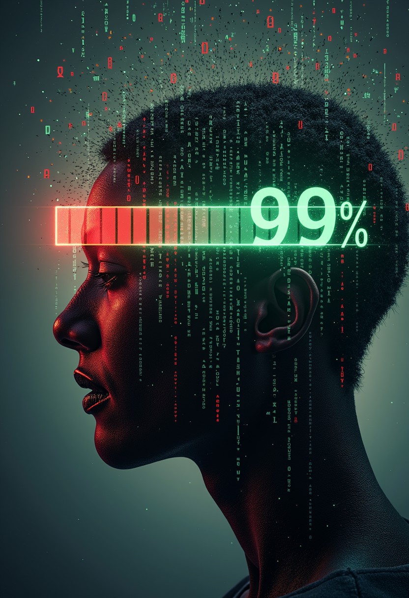 A person's head replaced by a loading bar at 99%, surrounded by a whirlwind of data symbols.
