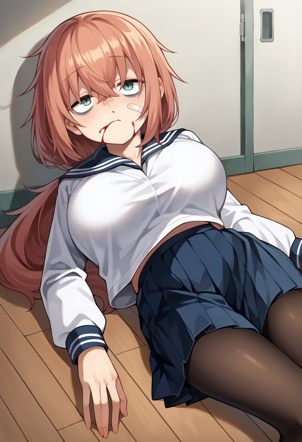 score_9, score_7_up, hd, (ultra hd quality details), source_anime, indoors,
solo, 1girl, mmkomaro, long hair, low ponytail, large breasts, bags under eyes,
school uniform, sailor collar, long sleeves, pleated skirt, pantyhose,
blush, looking up, nosebleed, blood in face, head tilt, bandaid, 
lying, against wall, on floor,
<lora:_komaro_michinoki-elesico-ponyA:1>
