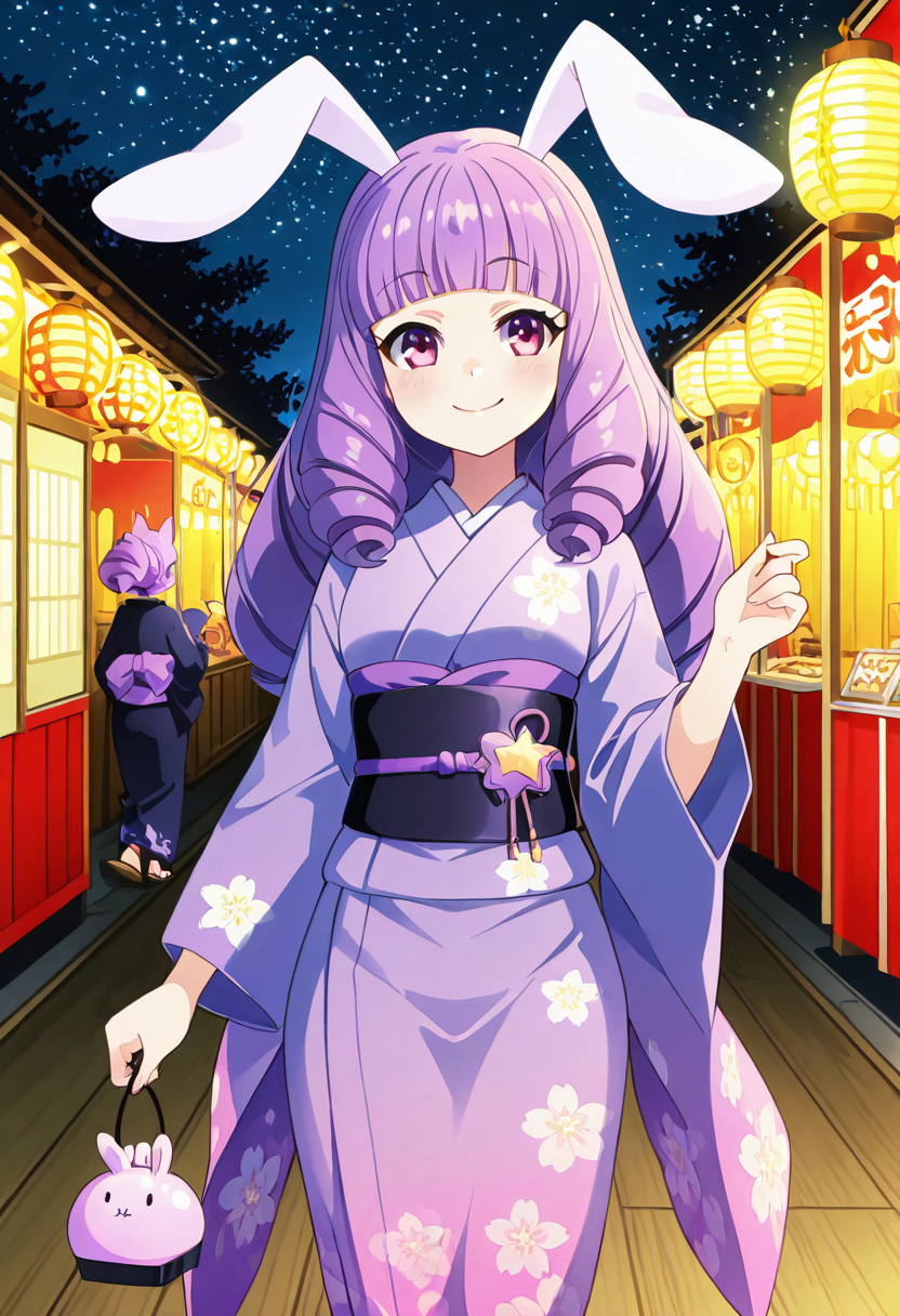 masterpiece, best quality, 1girl, solo, eyelashes, (beautiful eyes), narrow waist, smile,   zzChuchu, pink eyes, drill hair, long hair, purple hair, animal ears, rabbit ears, blunt bangs, rabbit girl, C0utur3Cr4z3, 1girl, solo, colorful festival, lantern lights, festive kimono, obi belt, floral prints, silk sandals, night sky, starry lights â zzChuchu dances joyfully under the soft glow of lantern lights at a lively festival. Her drill hair flows gently, styled in bouncy curls, and she wears a colorful kimono adorned with floral prints and a vibrant obi belt. Silk sandals slide gracefully across the wooden floor, and her bunny ears twitch in delight. The festival is alive with the sounds of music, and the starry night sky above her completes the magical atmosphere. Lanterns float around her, casting a warm, inviting glow as she enjoys the evening festivities.  , <lora:ChuchuShowByRock_NAI:0.8>,   <lora:CoutureCraze_IXL:0.7>,