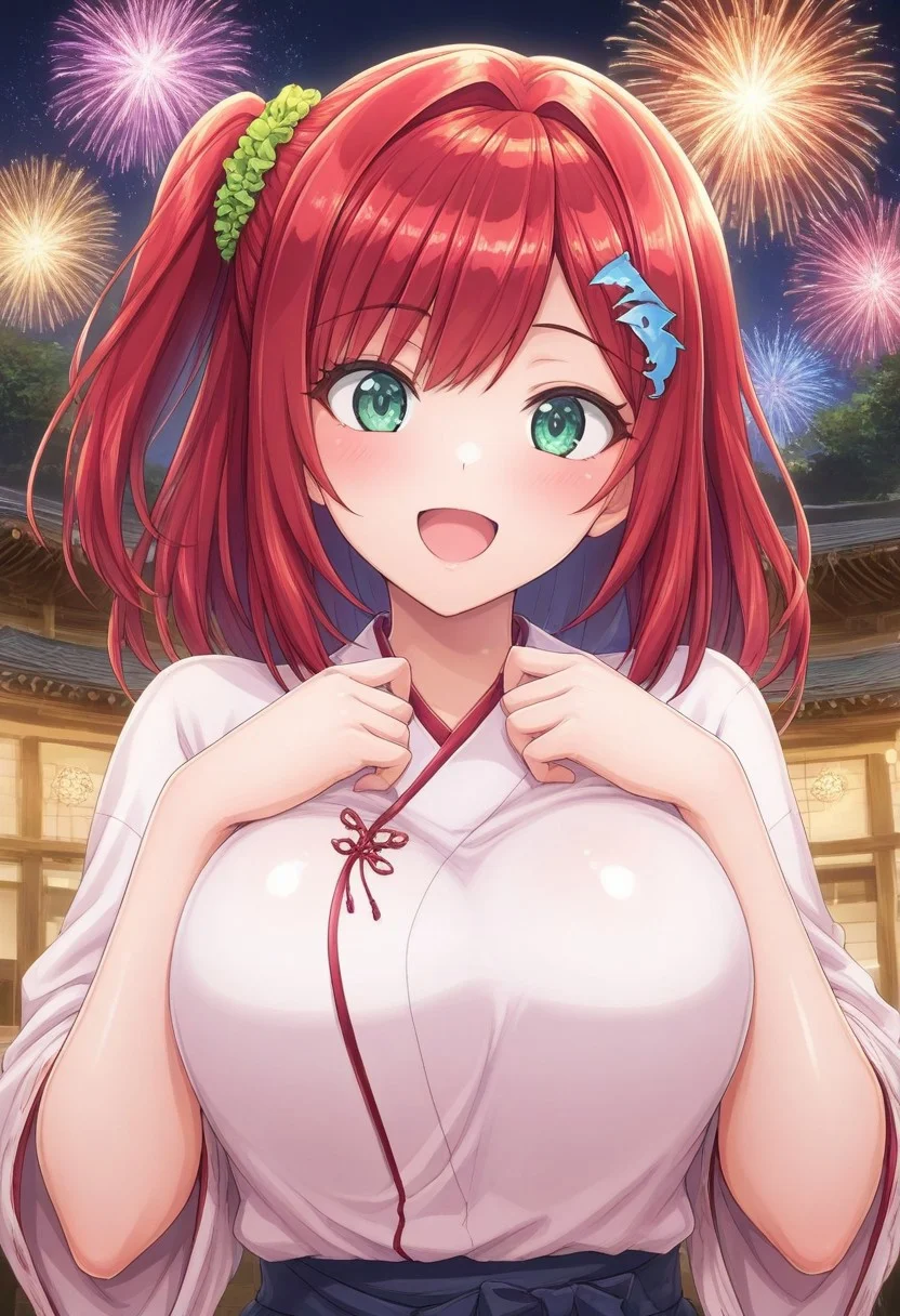 prefect lighting,very aesthetic,prefect hands,best quality,
intricate details,highly detailed background,(masterpiece:0.9),high quality,lustrous_skin,skindentation,(zPDXL3),
ultra delicate hair,
face_detail,
skin_detail,<lora:cfg_scale_boost>,
lustrous_skin,skindentation,
shiny skin, masterpiece,best quality,ultra-detailed, st_iruka, red hair, hair ornament, green hair scrunchie, smile, upper body, portrait, open mouth, medium breasts, chinadress, night looking at the sky, moon, fireworks, japanese temple
