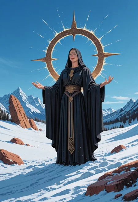 Mystic Woman Before Ancient Stone:
A mystical dark-haired woman in layered black robes stands in snow before a towering monolith inscribed with ancient symbols. Two ravens perch nearby, and swirling blue sky currents echo Norse mythology. Art style: epic mythic realism, drawing from Frank Frazetta and Boris Vallejo—crisp oils, symbolic imagery, and layered textural details in fabric and stone, channeling arcane power.