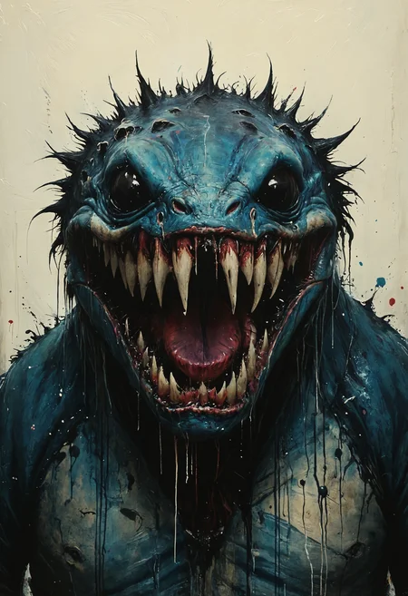 Lurking creature with venomous, needle teeth, Natural Light, <lora:Melting_world:0.8>, <lora:gorgoeus_splash_of_vibrant_paint:0.7> Gorgeous splash of vibrant paint