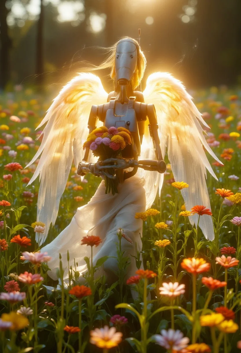 A B1 battle droid stands in a serene meadow, its long, vibrant blonde hair flowing in the wind. It wears a spotless, pure white sundress, contrasting dramatically against its metallic body. Glowing angelic wings spread wide from its back, radiating a divine light. The droid holds a delicate bouquet of colorful wildflowers, freshly picked from the meadow. Surrounding it is a sea of tall grass, dotted with many vibrant colored flowers.