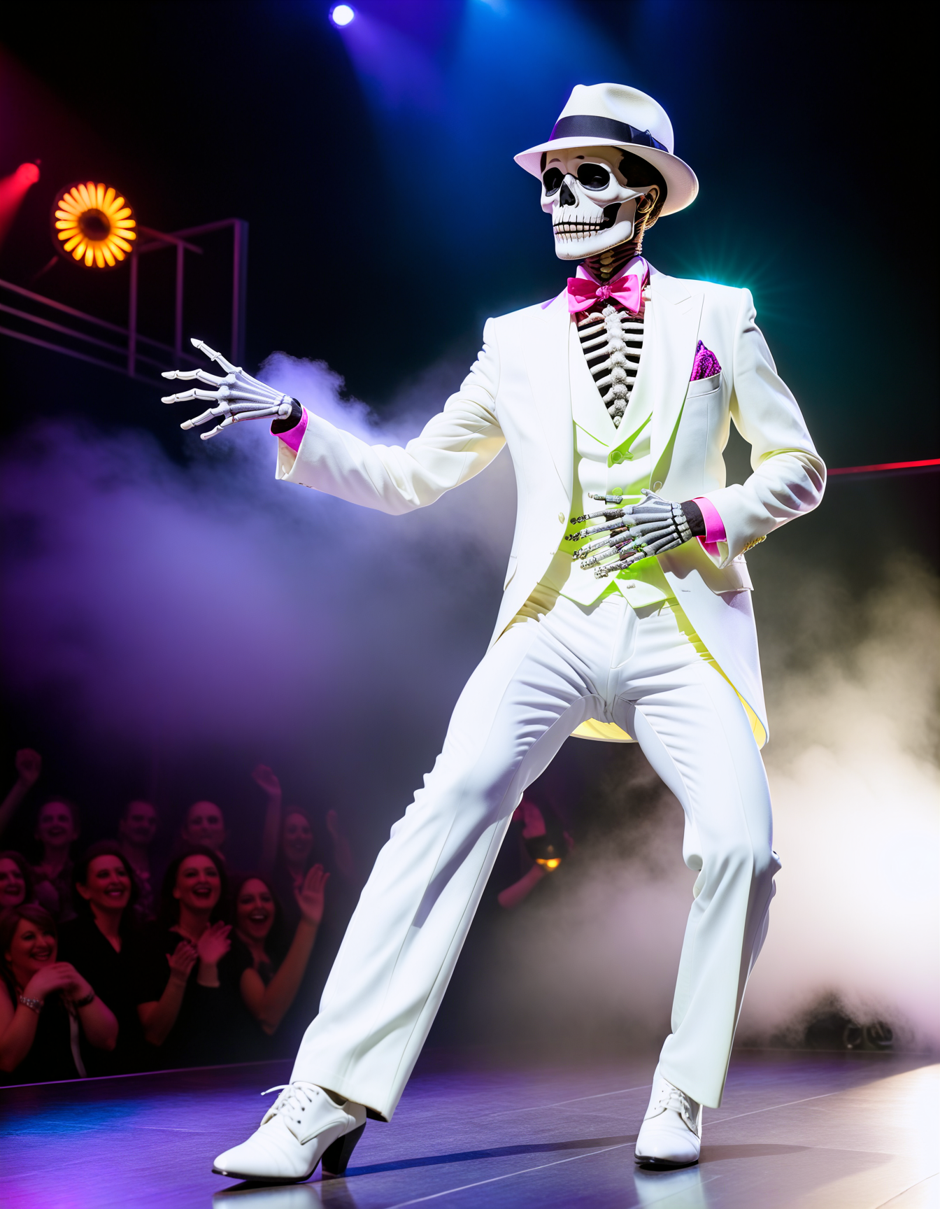 Photorealistic, a skeleton performing the Smooth Criminal lean on a stage in front of an enthusiastic audience. The skeleton is angled forward with one leg extended, wearing a white suit and fedora. The background features neon lights, fog effects, and a cheering crowd. The lighting is bright and colorful, with spotlights focused on the skeleton. The camera shot is a wide shot, capturing the skeleton's lean and the detailed stage and audience.
 <lora:SDXLHighDetail_v5:1>