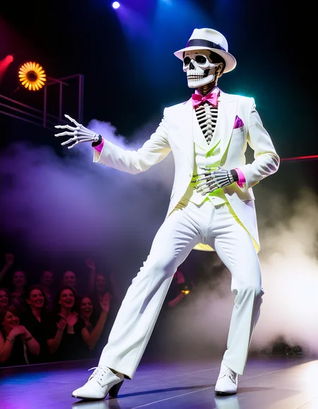 Photorealistic, a skeleton performing the Smooth Criminal lean on a stage in front of an enthusiastic audience. The skeleton is angled forward with one leg extended, wearing a white suit and fedora. The background features neon lights, fog effects, and a cheering crowd. The lighting is bright and colorful, with spotlights focused on the skeleton. The camera shot is a wide shot, capturing the skeleton's lean and the detailed stage and audience.
<lora:SDXLHighDetail_v5:1>