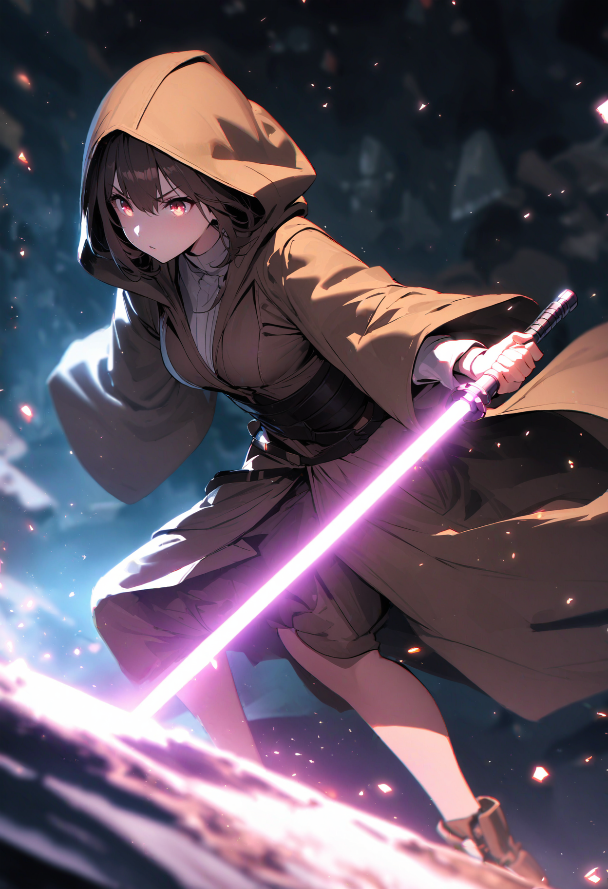 (best quality), future, 1girl, solo, jedi outfit, led, hooded cloak, holding blade, lightsaber, dynamic angle, stance, ultra highres, absurdres, deep glow effect, hdr, light particles, cinematic lighting, depth of field