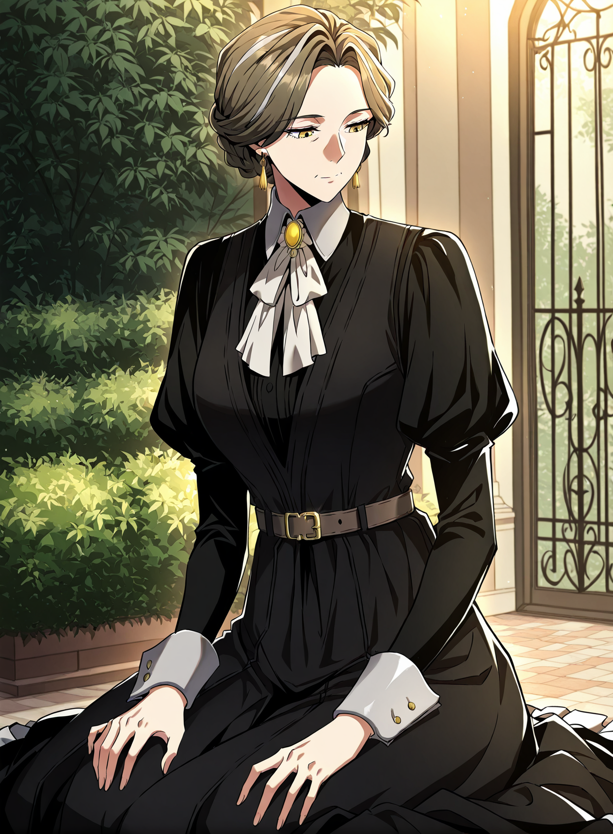 <lora:Wilbeck__The_Beginning_After_the_End__Illustrious:1>
Wilbeck, 1 girl, solo, mature woman, yellow eyes, brown medium hair, silver streaks, side-parted, braided updo,
black victorian dress, white cravat, wide cuffs, waist belt, gold earrings, formal outfit
score_9, score_8_up, score_7_up, masterpiece, best quality, absurdres, perfect anatomy, 1girl, solo, wariza, sitting, hands on own knees, garden background