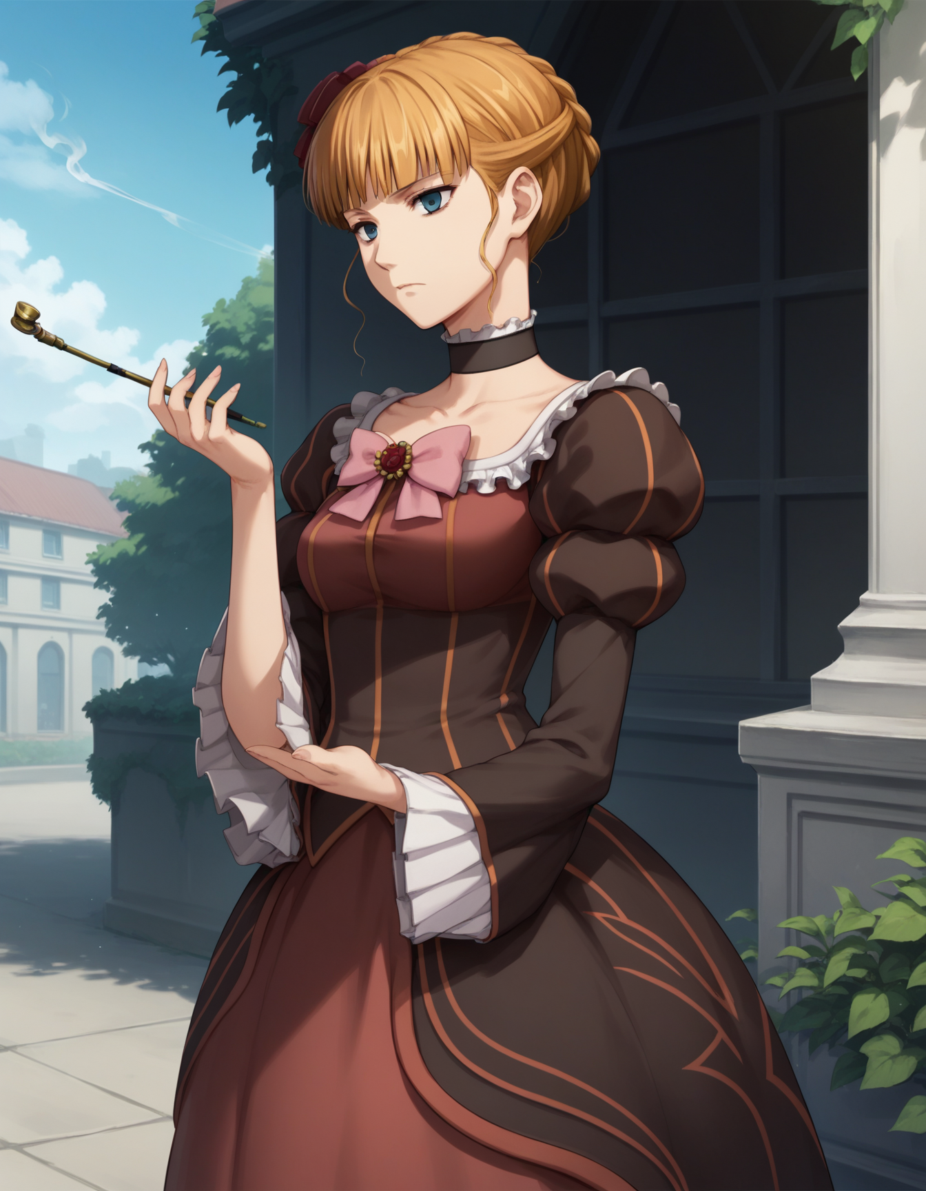 score_9, score_8_up, score_7_up, source_anime, 1girl, solo, beatrice \(umineko\), dress, pink bow, choker, outdoors, standing, holding smoking pipe, expressionless, <lora:Beatrice:1>