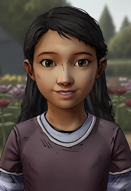 1girl, <lora:ClementineS2:0.85> black hair, very long hair, brown eyes, dark skin, shirt, layered sleeves, short over long sleeves, long sleeves, pants, upper body, lips, smile, looking at viewer, front view,
(garden background), flowers, blurry background,