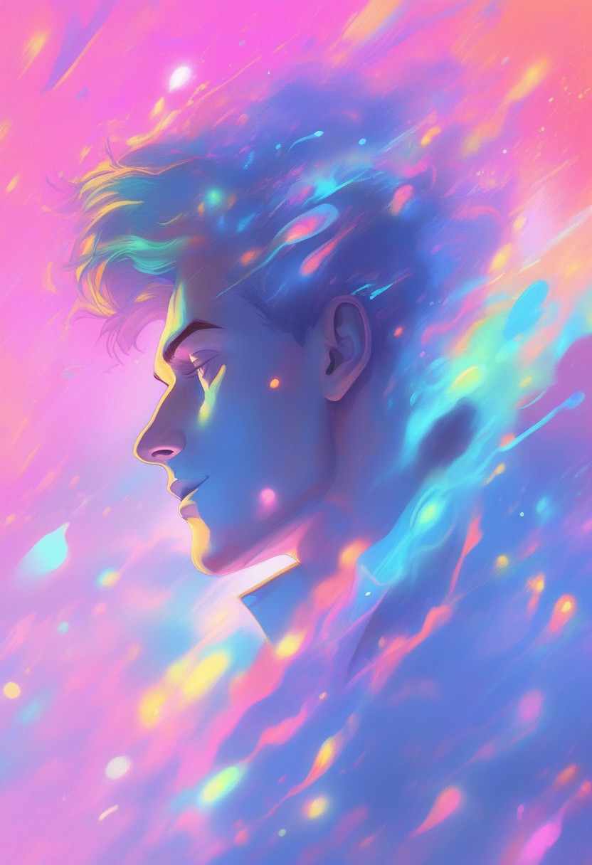 masterpiece, illustration, highly detailed, good looking young man dancing in the club, looking melancholic, forgetting everything around him, pop album cover, energetic, dancing  , melancholic mood, modern posh club, futuristic club, colorful lights, depth of field, energetic atmosphere, slightly foggy, focus on face, view from slightly below, three-quarter profile, bright pastel colours