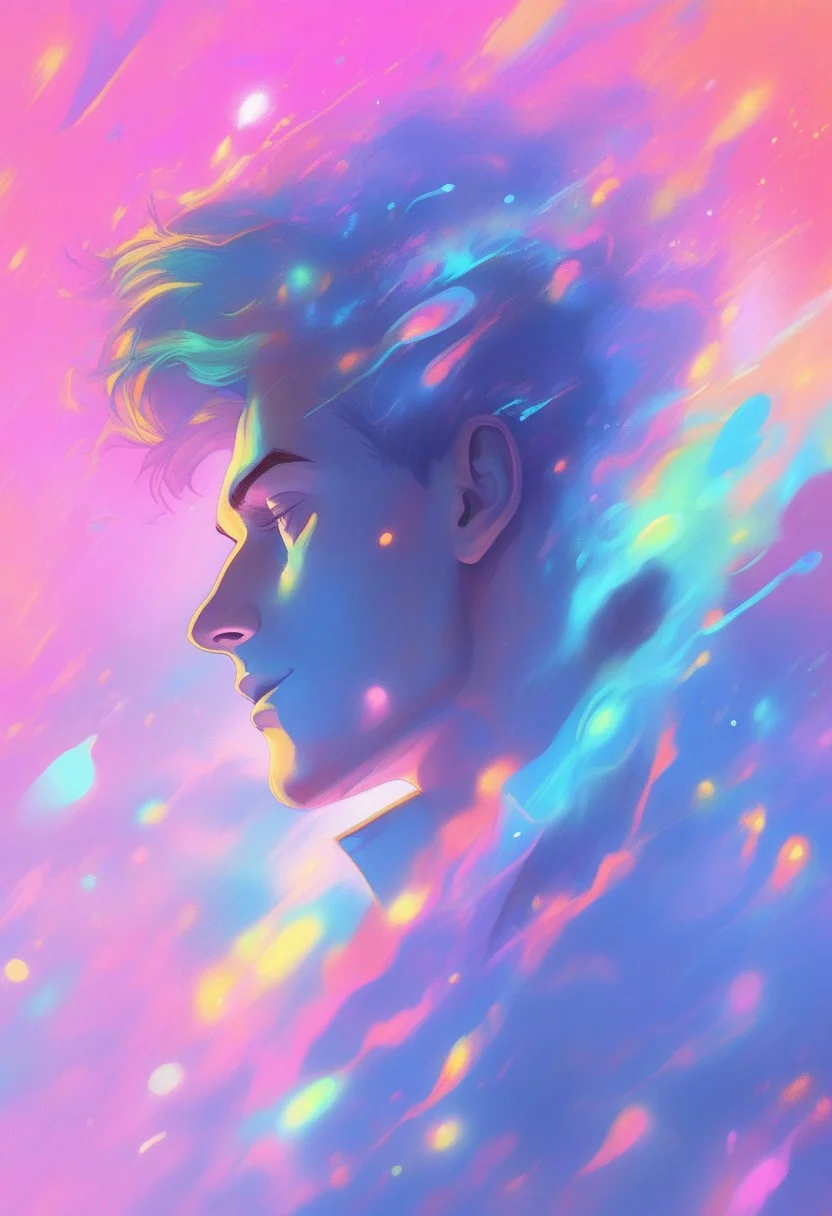 masterpiece, illustration, highly detailed, good looking young man dancing in the club, looking melancholic, forgetting everything around him, pop album cover, energetic, dancing , melancholic mood, modern posh club, futuristic club, colorful lights, depth of field, energetic atmosphere, slightly foggy, focus on face, view from slightly below, three-quarter profile, bright pastel colours