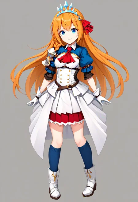 pecorine, blue eyes, hair ornament, long hair, orange hair, tiara, braid, hair braid,, arm belt, armor, ascot, blue socks, boots, dress, gloves, hair ornament, open clothes, open dress, pauldrons, pleated skirt, puffy short sleeves, puffy sleeves, red ascot, red skirt, short sleeves, shoulder armor, single pauldron, skirt, socks, white dress, white footwear, white gloves,
masterpiece, best quality, very aesthetic, absurdres, full_body, tachi-e,