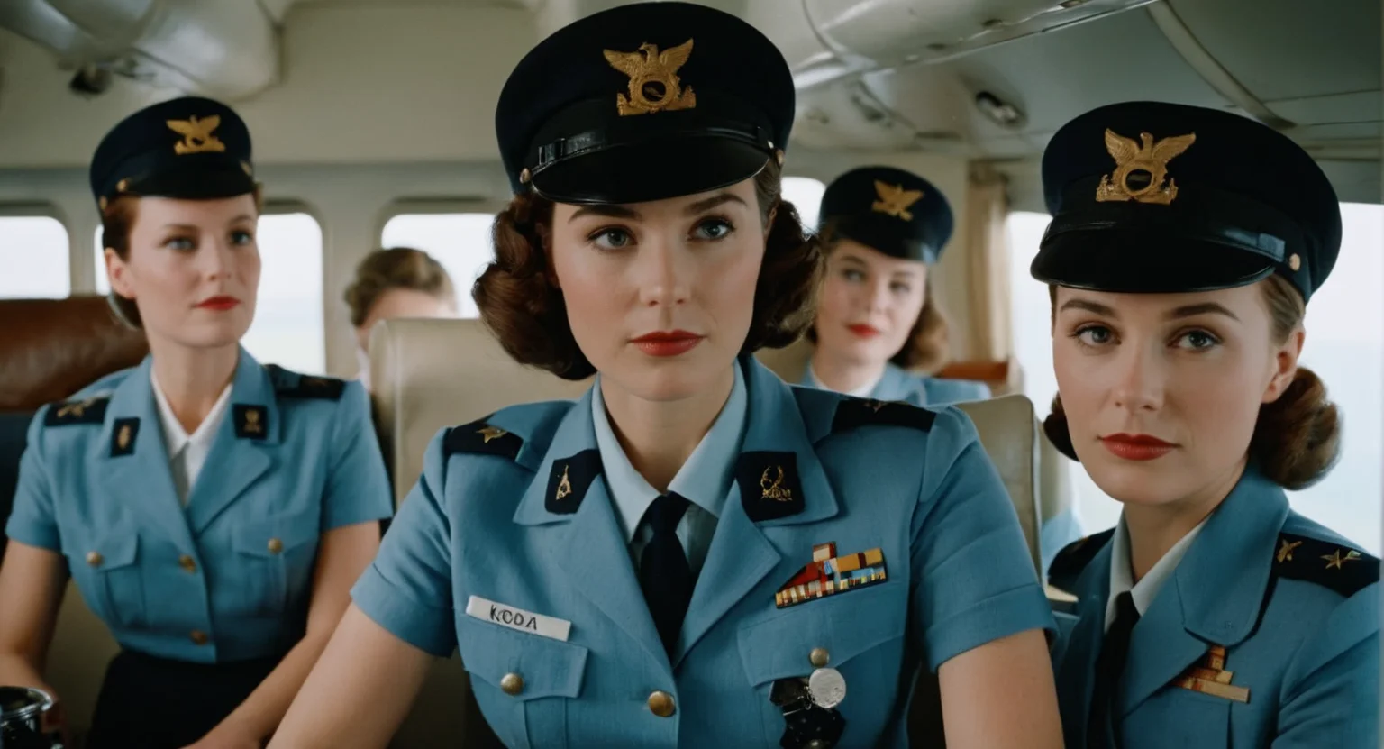 cinematic film still of <lora:Retro:1> Grainy Cinematic Film stock footage in (arri alexa style) Kodak film print, three air hosts women in uniform posing on a plane retro style, shallow depth of field, vignette, highly detailed, high budget, bokeh, cinemascope, moody, epic, gorgeous, film grain, grainy