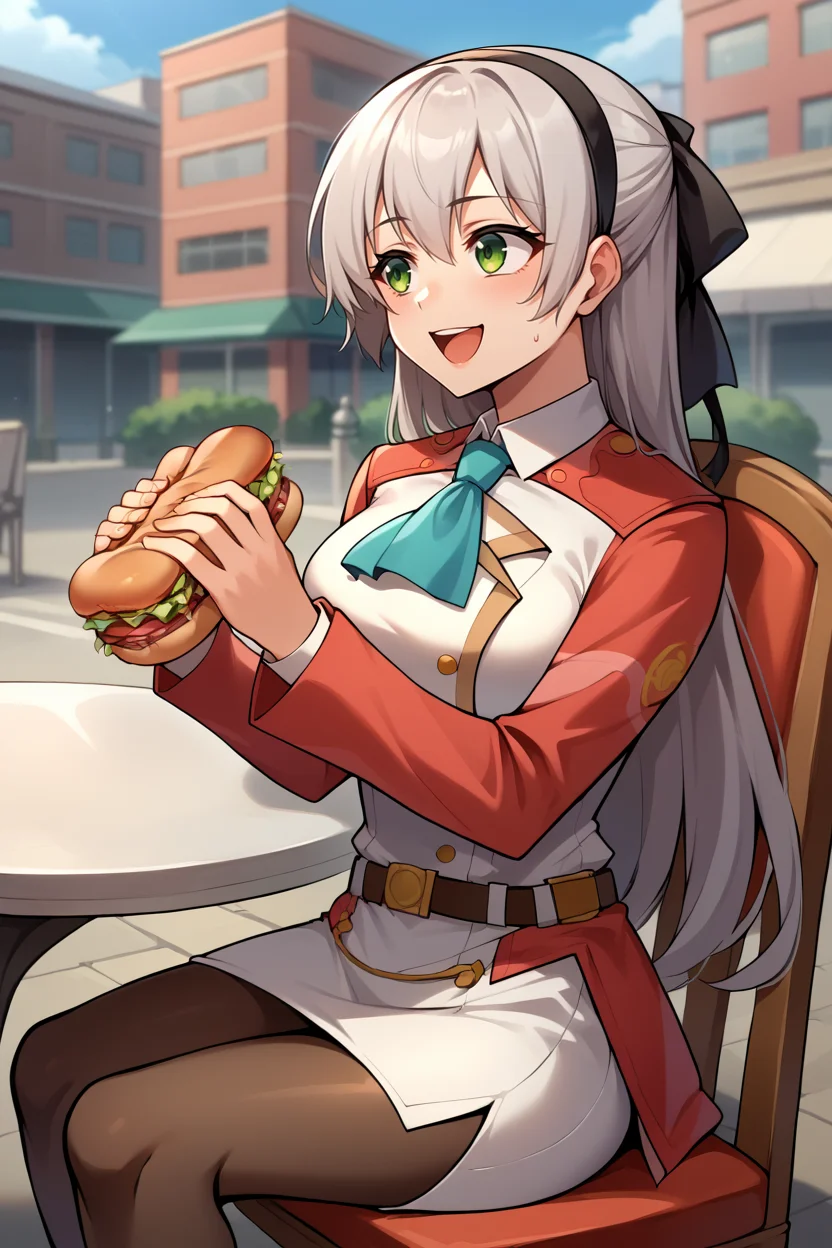 score_9, score_8_up, source_anime, 1girl BREAK <lora:elie-pdxl-nvwls-v1-000006:1> zeroElie, black hairband, hair ribbon, long hair, ascot, uniform, long red sleeves, white dress, pencil skirt, belt, pantyhose, sitting, round table, chair, outdoors, building, city street, holding a long sandwich, open mouth, happy, eating <lora:EatfreshXL:1> eatfresh, sandwich