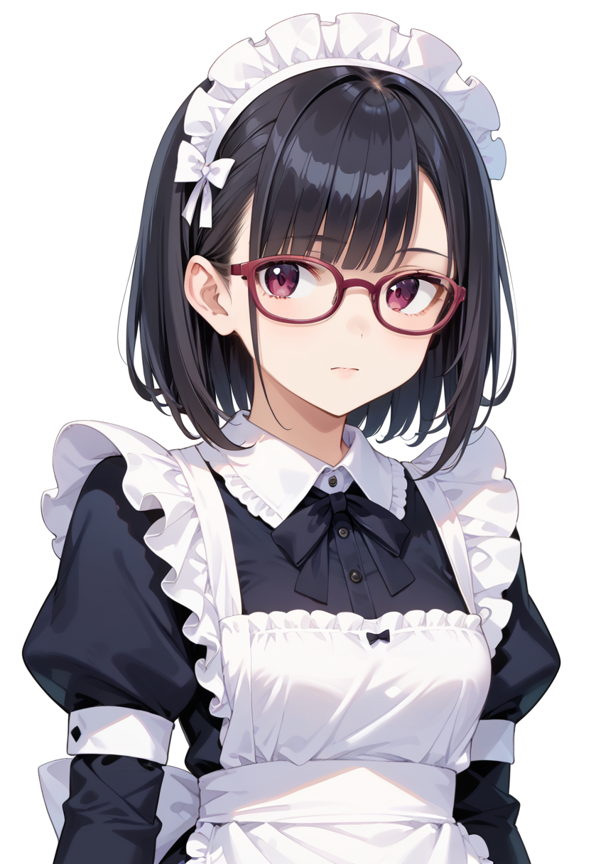 score_9, score_8_up, score_7_up, rating_safe, masterpiece, best quality, absurdres, unity 8k wallpaper, official art, official style, source_anime, uncensored, game cg, megami magazine,
1girl, solo, black hair, medium hair, upper body, covered eyes,maid, maid headdress, black dress, maid apron, face focus,
oval_cell, glasses, still life, white background, simple background, red-framed eyewear,
 <lora:glasses_OvalCell2_PONY_V1:1>