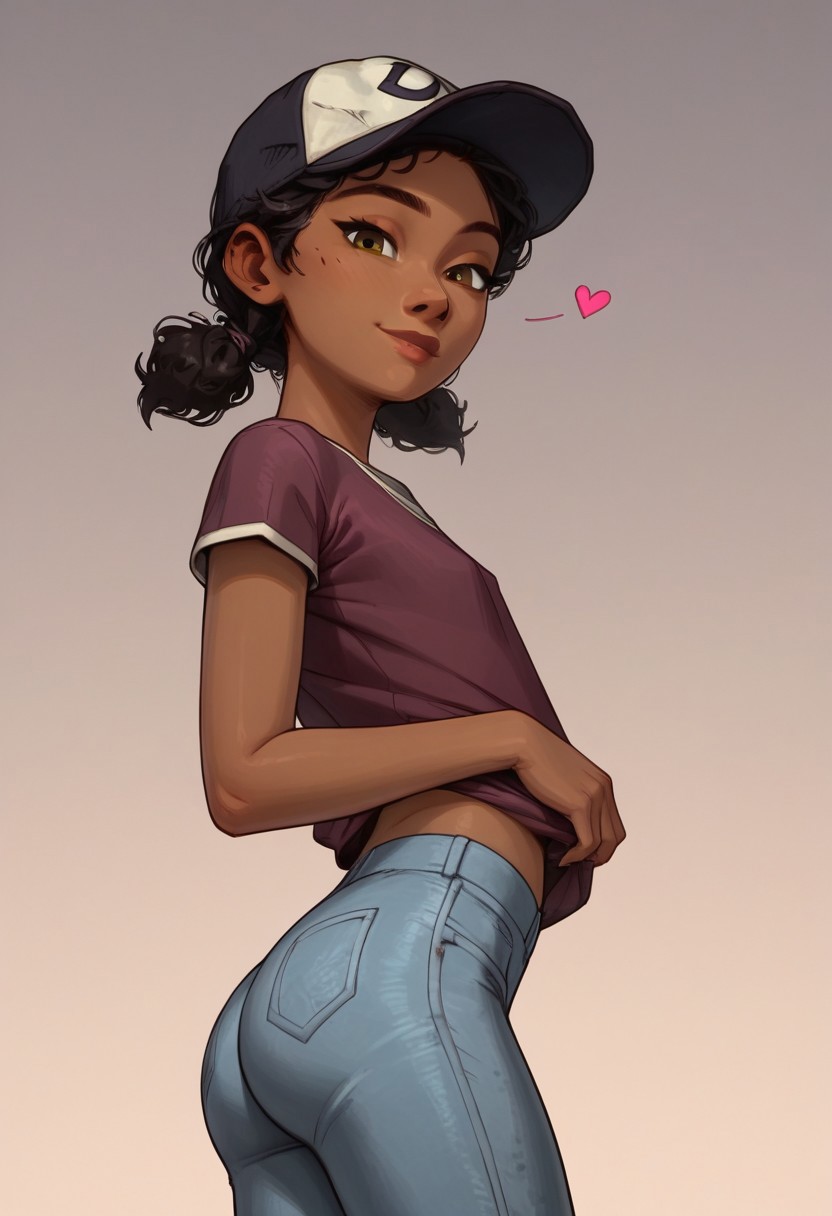 score_9, score_8_up, score_8_up, masterpiece, 1girl, super detailed, super high resolution, fFaceDetail, clementine, black hair, short twintails, brown eyes, dark skin, hat, baseball cap, solo, (((dark-skinned female))), (black hair), long hair, (white pupils, big eyes, brown eyes:.6), cutest girl in the world, slim, fit, short, petite, looking at viewer, cute girl, no bra under clothes, jeans, cute smile, slim waist, big shiny eyes, unique perspective, simple background, side view, thin waist, slender hips, small ass, round ass, highly detailed ass, ass cleavage, thighs, smug, horny), hearts, easynegative, Expressiveh, g0thicPXL, glowing, neon,,