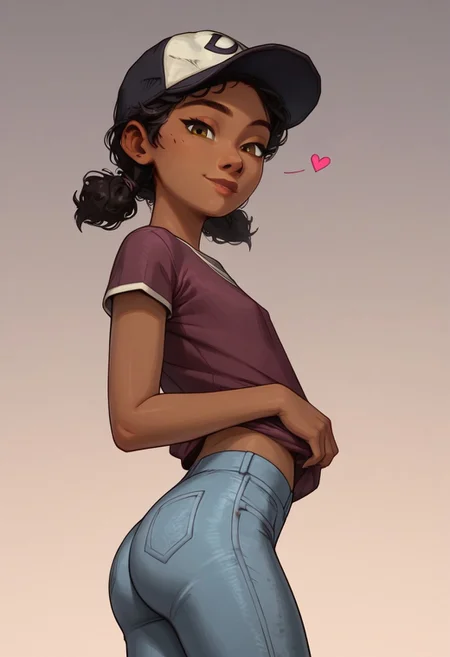 score_9, score_8_up, score_8_up, masterpiece, 1girl, super detailed, super high resolution, fFaceDetail, clementine, black hair, short twintails, brown eyes, dark skin, hat, baseball cap, solo, (((dark-skinned female))), (black hair), long hair, (white pupils, big eyes, brown eyes:.6), cutest girl in the world, slim, fit, short, petite, looking at viewer, cute girl, no bra under clothes, jeans, cute smile, slim waist, big shiny eyes, unique perspective, simple background, side view, thin waist, slender hips, small ass, round ass, highly detailed ass, ass cleavage, thighs, smug, horny), hearts, easynegative, Expressiveh, g0thicPXL, glowing, neon,,