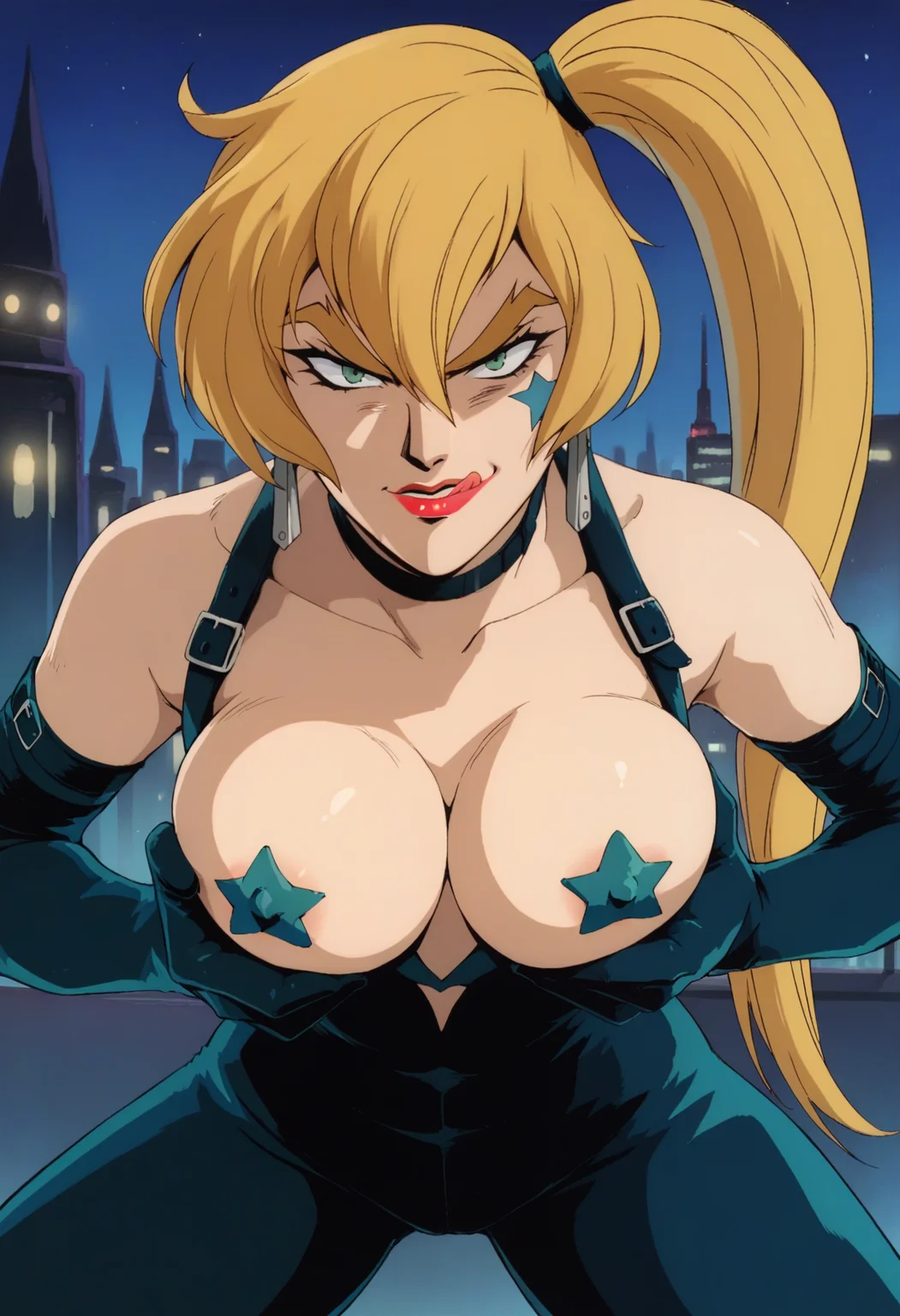 score_9, score_8_up, score_7_up, score_6_up, <lora:SCHDeathStar_epoch_5:0.8>, SCHDeathStar, blonde hair, long hair, thick eyebrows, side ponytail, hair between eyes, green eyes, facial mark, earrings, lipstick, large breasts,
choker, bodysuit, elbow gloves, cleavage, star pasties,
leaning forward, looking at viewer, breasts squeezed together, licking lips, legs apart, grabbing own breast, 
BREAK night sky, dark background, cityscape, city lights,